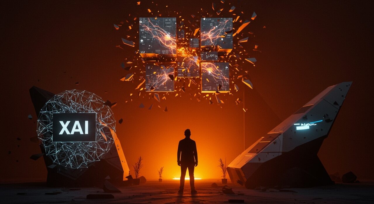 Integración cuestionada entre xAI y SpaceX de Elon Musk representada con redes neuronales y energía digital en una imagen editorial de alta calidad.