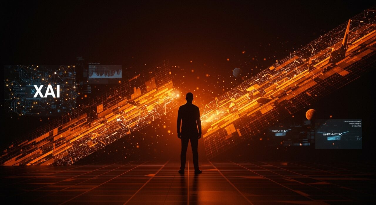 Integración cuestionada de xAI y SpaceX bajo Elon Musk con metáforas visuales de inteligencia artificial y estrategia startup en paleta naranja y negro.