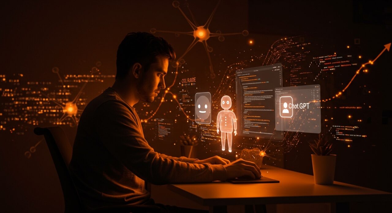 Desarrollador iOS utilizando Xcode 26.3 con asistencia de inteligencia artificial Claude y ChatGPT para codificación avanzada en startups tecnológicas.