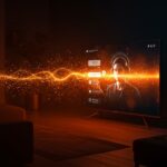 Interacción con IA conversacional de YouTube en smart TVs en entorno tecnológico moderno con iluminación naranja y negra.