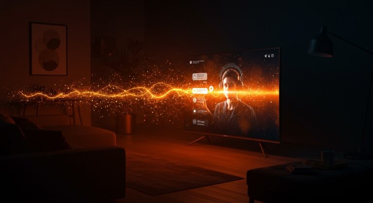 Interacción con IA conversacional de YouTube en smart TVs en entorno tecnológico moderno con iluminación naranja y negra.