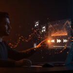 Interfaz holográfica de generación de playlists con IA en YouTube Music Premium mostrando automatización y personalización para creadores y startups tech.