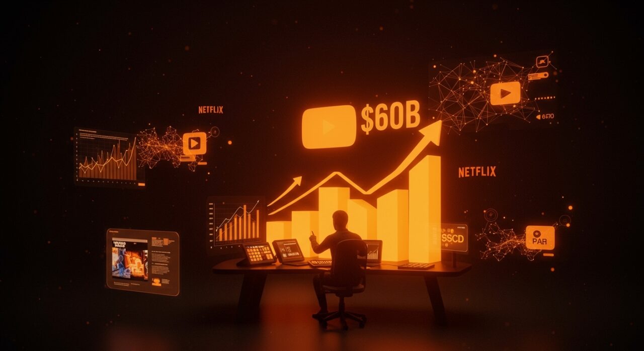 Representación visual del crecimiento de ingresos de YouTube en 2025 con elementos de monetización digital, suscripciones pagadas e inteligencia artificial para startups tecnológicas.