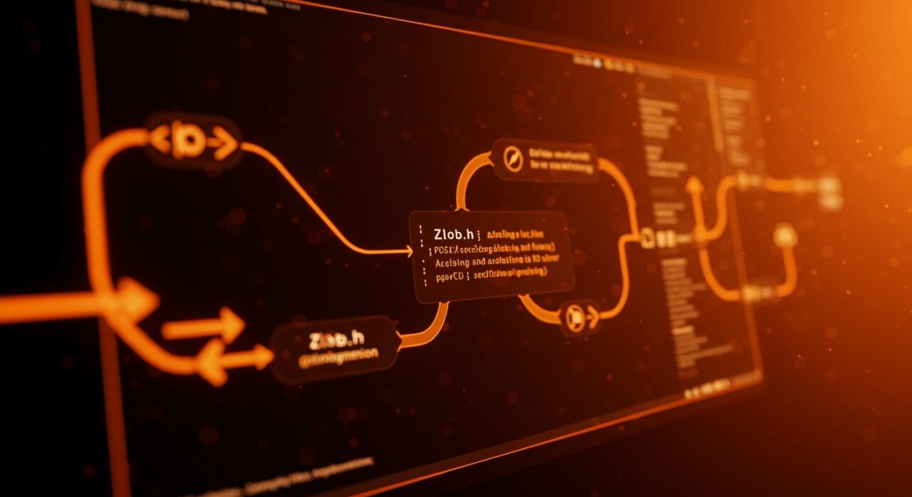 Representación visual de Zlob.h, biblioteca POSIX para globbing 10x más rápida, optimizando pipelines CI/CD y automatización en DevOps.