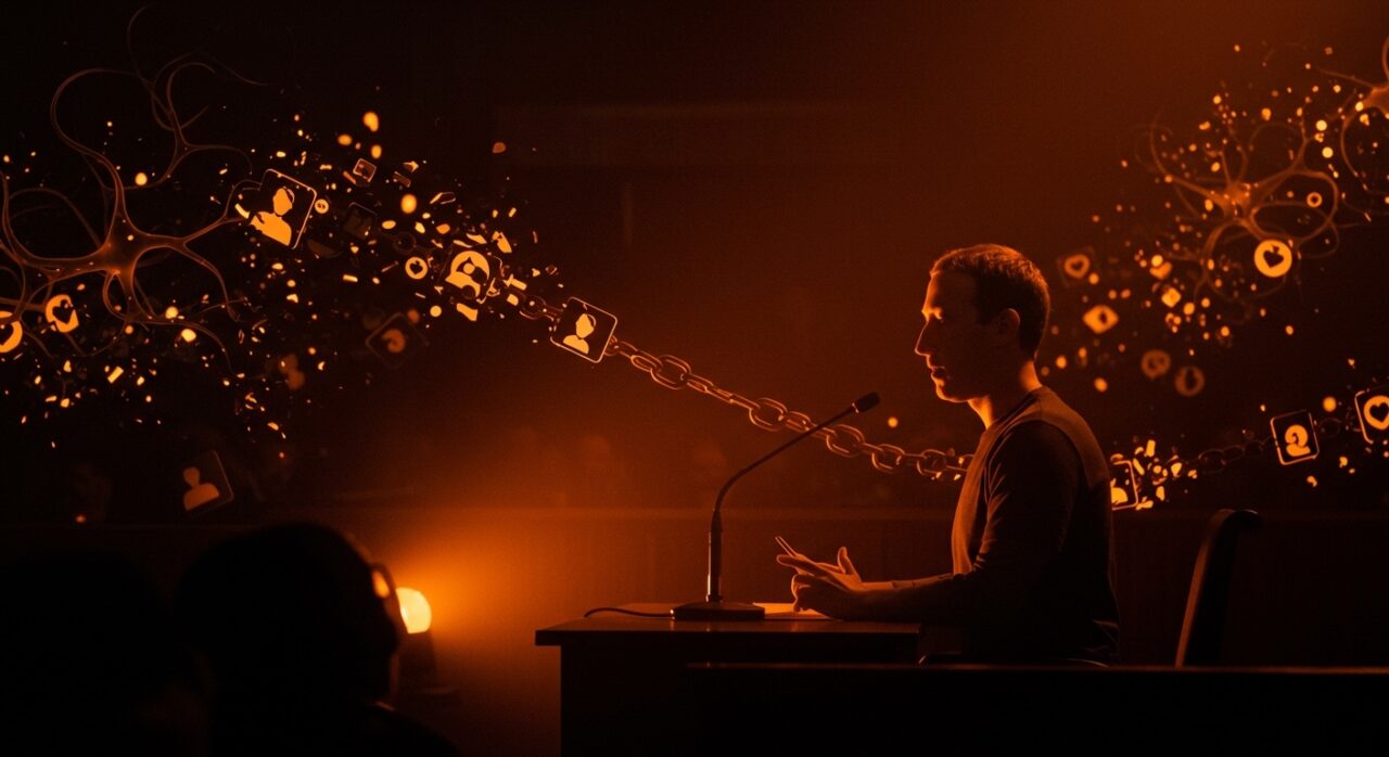 Mark Zuckerberg testificando sobre adicción a Instagram y daños en adolescentes en un entorno estilizado con metáforas visuales de redes sociales y regulación tecnológica.