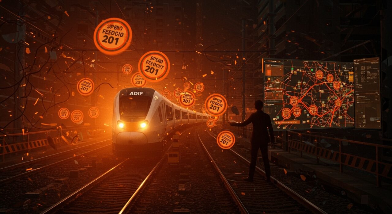Mapa digital bloqueado con limitaciones de velocidad en trenes en España, ilustrando la gestión y restricciones de la infraestructura ferroviaria por Adif.