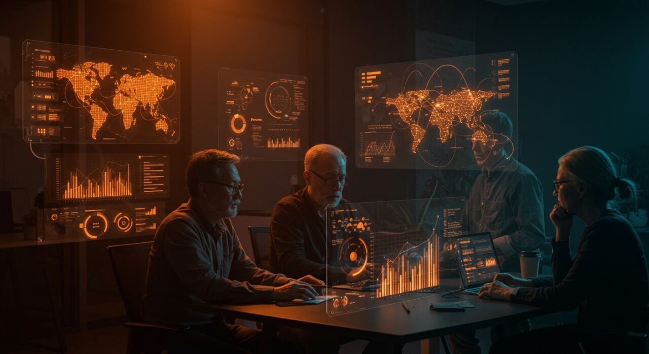 Equipo senior de startups en Lanzadera colaborando con inteligencia artificial y escalabilidad en un entorno tecnológico moderno.