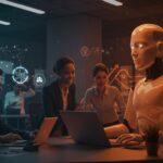 Empleados estadounidenses colaborando con un jefe de inteligencia artificial en un entorno de oficina, simbolizando la integración de IA en la gestión y las tendencias tecnológicas de startups.