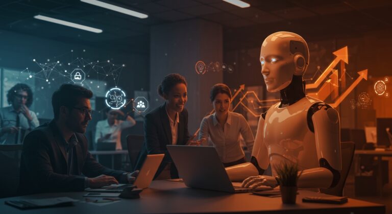 Empleados estadounidenses colaborando con un jefe de inteligencia artificial en un entorno de oficina, simbolizando la integración de IA en la gestión y las tendencias tecnológicas de startups.