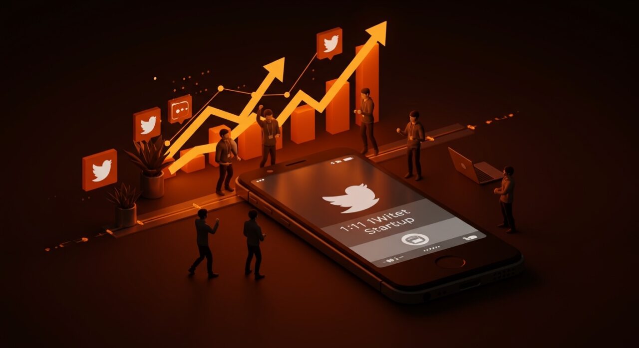 Celebración de los 20 años del primer tweet con founders latinos en un entorno digital representando el impacto de Twitter en startups y comunicación digital.