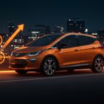 2027 Chevy Bolt EV en carretera urbana al atardecer mostrando innovación en movilidad eléctrica asequible y carga rápida.