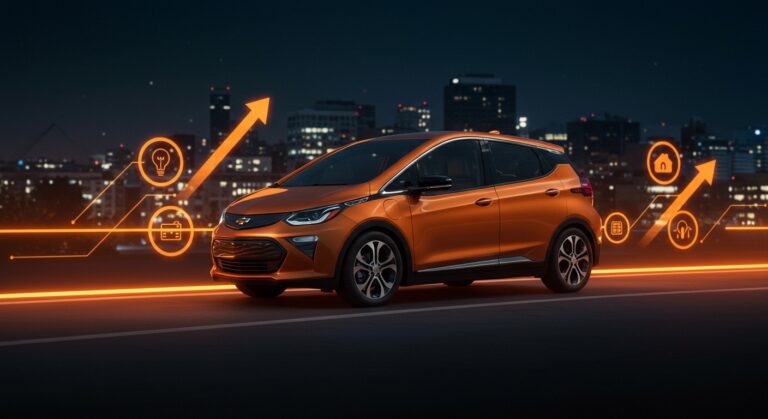 2027 Chevy Bolt EV en carretera urbana al atardecer mostrando innovación en movilidad eléctrica asequible y carga rápida.