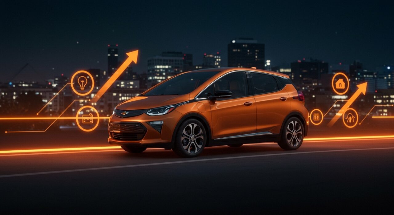 2027 Chevy Bolt EV en carretera urbana al atardecer mostrando innovación en movilidad eléctrica asequible y carga rápida.