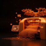 Máquina de 3D-Knitting produciendo moda sostenible sin costuras con manufactura avanzada y tecnología retailtech.