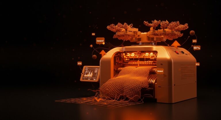 Máquina de 3D-Knitting produciendo moda sostenible sin costuras con manufactura avanzada y tecnología retailtech.