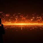 Silueta de founder tech observando un horizonte digital de inteligencia artificial y automatización para startups latinoamericanas.