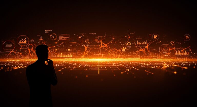 Silueta de founder tech observando un horizonte digital de inteligencia artificial y automatización para startups latinoamericanas.