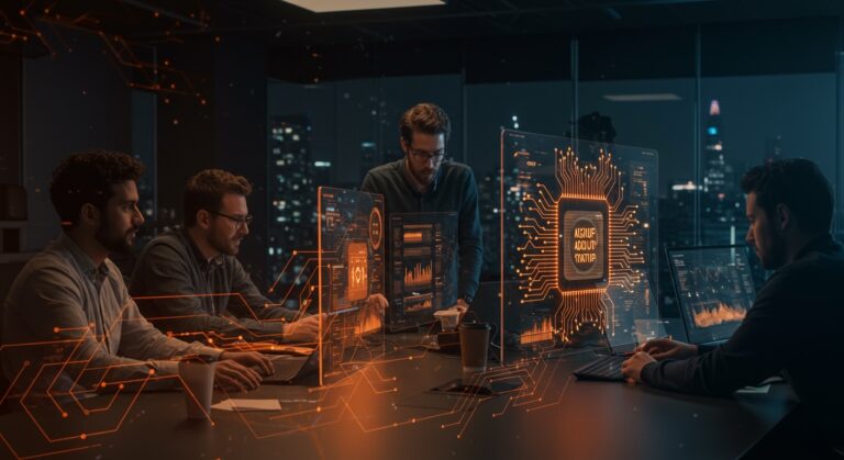 Colaboración de startups en Barcelona mostrando comercialización masiva de inteligencia artificial en 4YFN 2026 con metáforas visuales de innovación tecnológica.