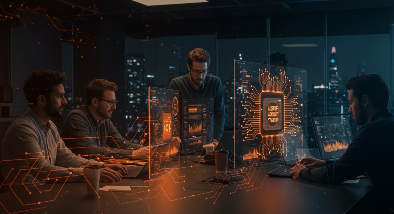 Colaboración de startups en Barcelona mostrando comercialización masiva de inteligencia artificial en 4YFN 2026 con metáforas visuales de innovación tecnológica.