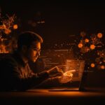 Programador trabajando con flujos de datos y estructuras algorítmicas en tonos naranja y negro, ilustrando las mejores prácticas de Rob Pike en software engineering.