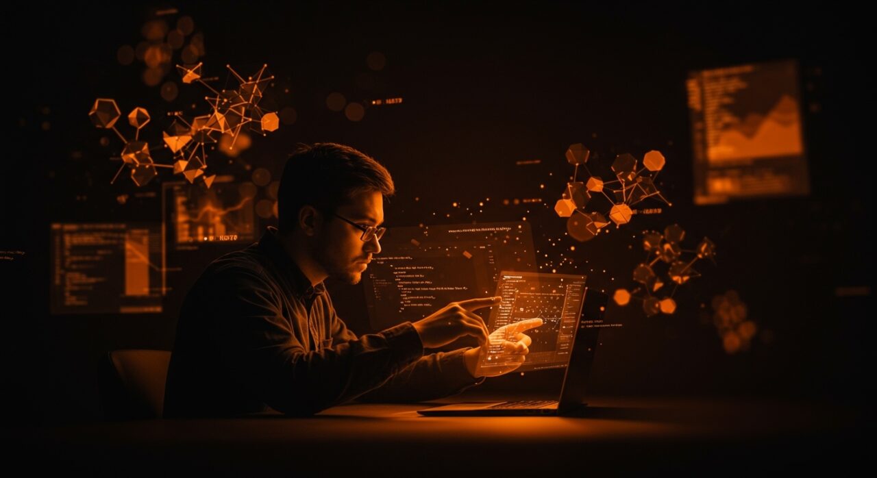 Programador trabajando con flujos de datos y estructuras algorítmicas en tonos naranja y negro, ilustrando las mejores prácticas de Rob Pike en software engineering.