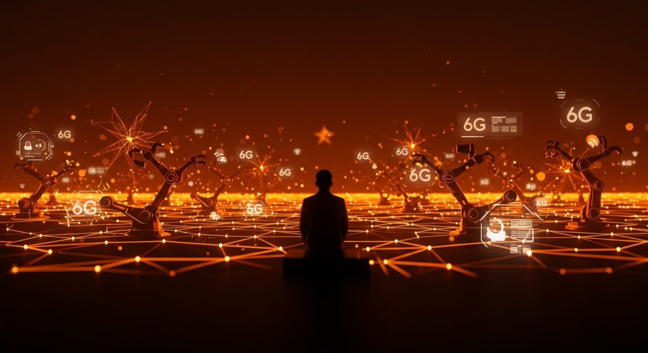 Líder chino supervisando un horizonte digital 6G con redes avanzadas, tecnología móvil y elementos de inteligencia artificial en un contexto geopolítico.