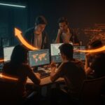 Grupo de emprendedores estudiantiles colaborando en startup tecnológica con inversión y mentoría para escalar al mercado de Estados Unidos desde la Universidad de Concepción.