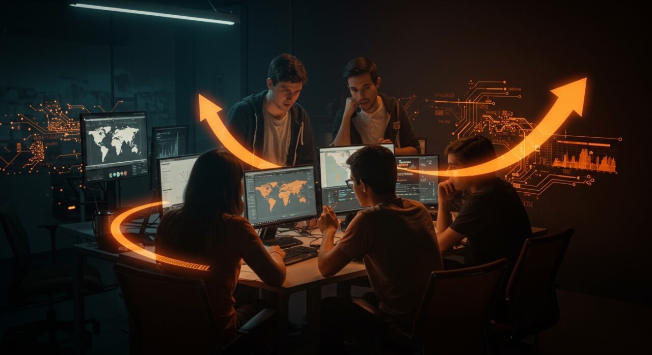 Grupo de emprendedores estudiantiles colaborando en startup tecnológica con inversión y mentoría para escalar al mercado de Estados Unidos desde la Universidad de Concepción.