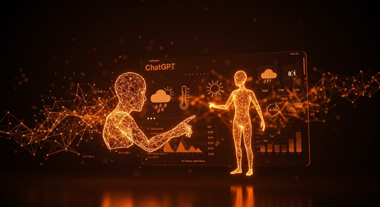 Integración de IA de AccuWeather con ChatGPT mostrando previsiones meteorológicas en tiempo real en un entorno de ecosistema tecnológico startup.