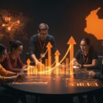 Equipo de startups colaborando en aceleración y financiación con inversores en Colombia, destacando crecimiento rápido y ecosistema emprendedor.
