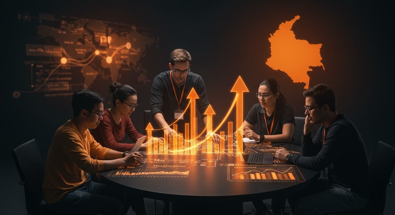 Equipo de startups colaborando en aceleración y financiación con inversores en Colombia, destacando crecimiento rápido y ecosistema emprendedor.