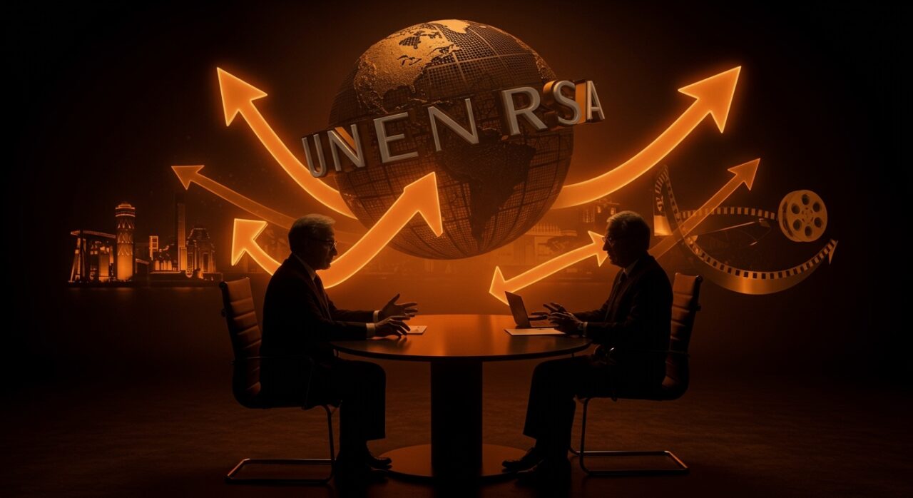 Steven Spielberg negociando un acuerdo de ingresos perpetuos con Universal, concepto visual de modelos de ingresos en entretenimiento y estrategia empresarial.