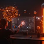 Interfaz futurista de Adobe Photoshop con asistente de IA y herramientas generativas Firefly en un entorno creativo con paleta naranja y negro.