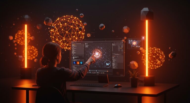 Interfaz futurista de Adobe Photoshop con asistente de IA y herramientas generativas Firefly en un entorno creativo con paleta naranja y negro.