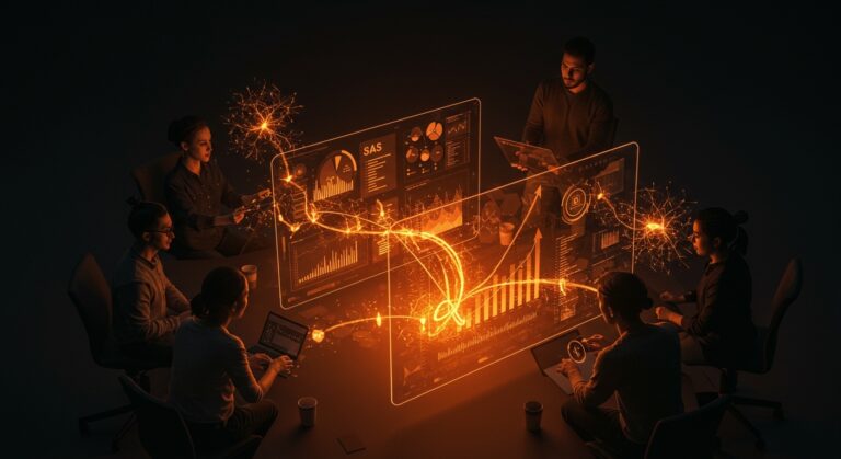 Fundadores tech colaborando en software SaaS con inteligencia artificial, superando retos y atrayendo talento e inversores en tecnología emergente.