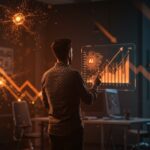 Founder tech contemplando gráficos digitales que muestran la adopción y confianza en IA, destacando desafíos para startups tecnológicas.