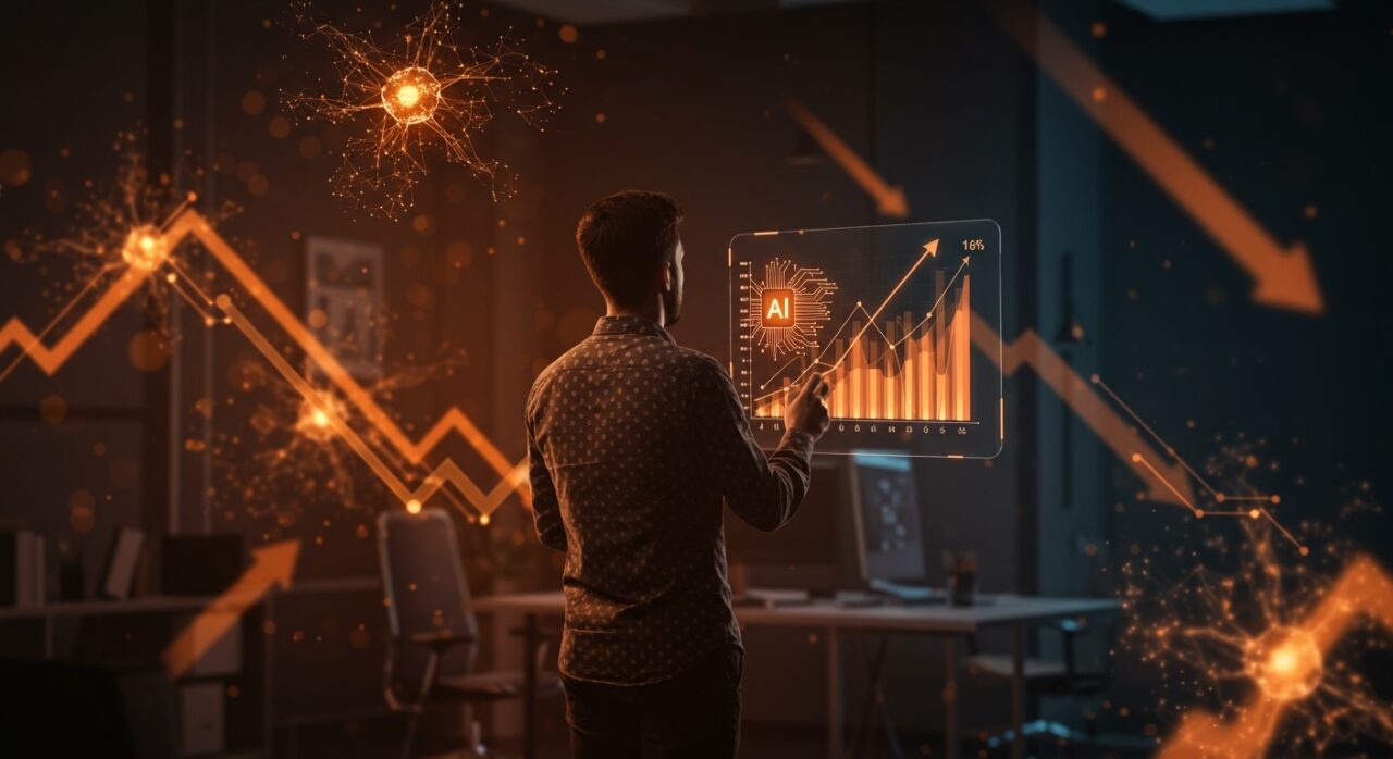 Founder tech contemplando gráficos digitales que muestran la adopción y confianza en IA, destacando desafíos para startups tecnológicas.