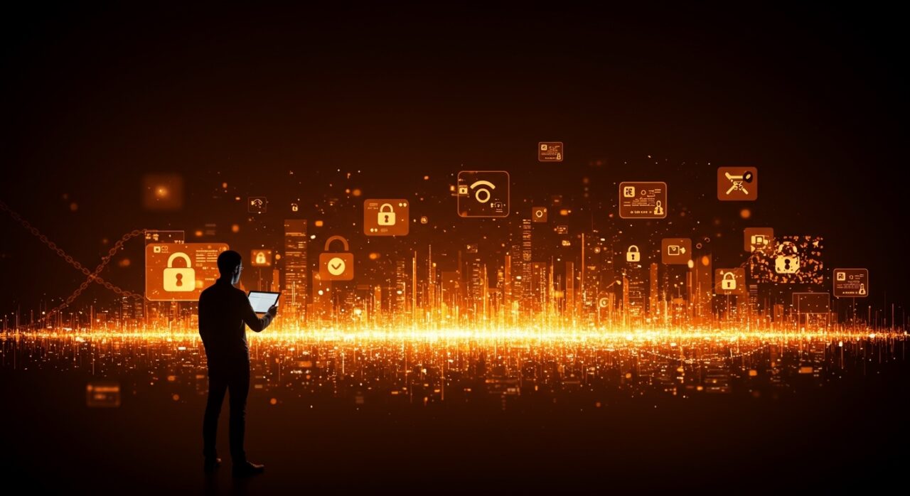 Founder startup analizando vigilancia estatal y ad-tech en un paisaje digital simbólico con paleta naranja y negro.