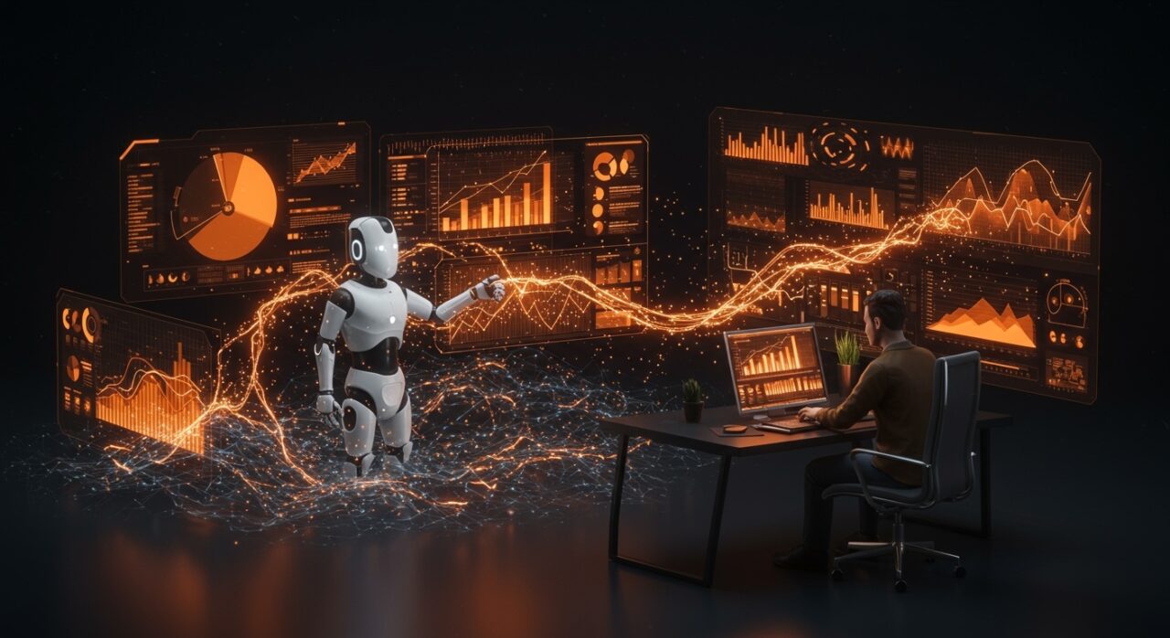 Agentes AI guiando analítica web y métricas de engagement en un entorno digital innovador, ilustrando la ventaja competitiva del AEO para startups.