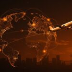 Avión chino sobre rutas aéreas brillantes conectando Asia y Europa, representando la estrategia de aerolíneas chinas durante el conflicto en Irán y tendencias en el mercado aéreo global.