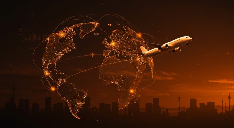 Avión chino sobre rutas aéreas brillantes conectando Asia y Europa, representando la estrategia de aerolíneas chinas durante el conflicto en Irán y tendencias en el mercado aéreo global.