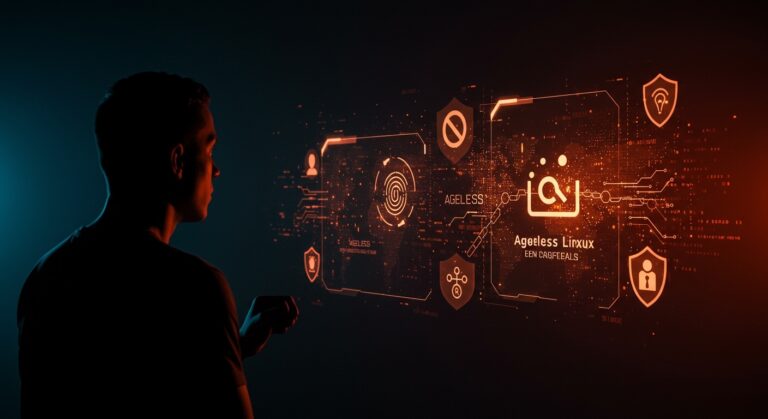 Fundador tech frente a interfaz digital representando el desafío de Ageless Linux a la regulación AB 1043 sobre verificación de edad y privacidad en open source.