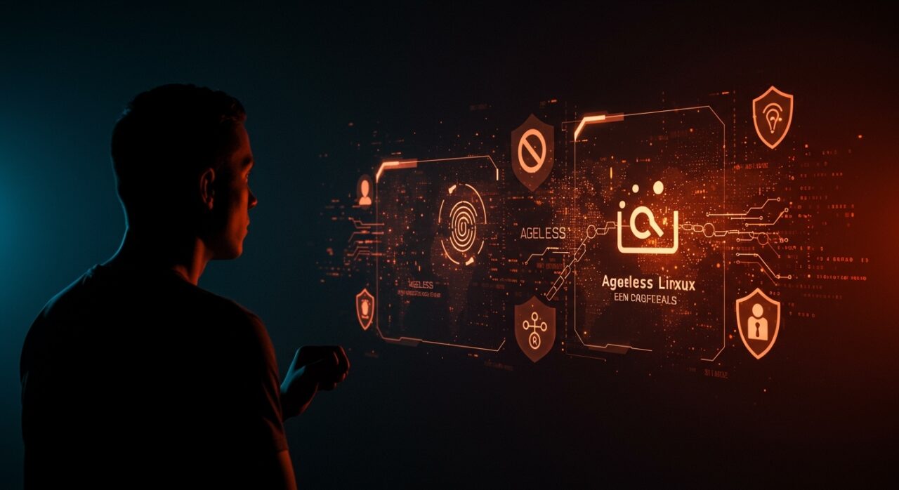 Fundador tech frente a interfaz digital representando el desafío de Ageless Linux a la regulación AB 1043 sobre verificación de edad y privacidad en open source.