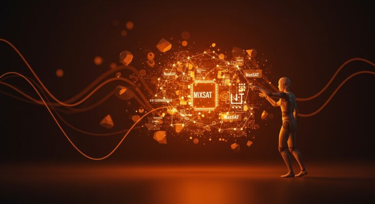 Agente autónomo de IA optimizando algoritmos MaxSAT en un entorno digital con paleta naranja y negro para founders tecnológicos de LATAM.