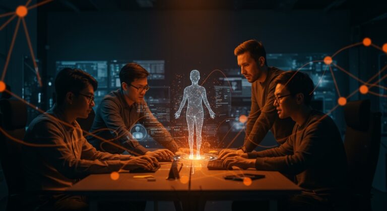 Equipo tecnológico colaborando con agentes de IA que simbolizan identidad y continuidad en inteligencia artificial aplicada al desarrollo de software.