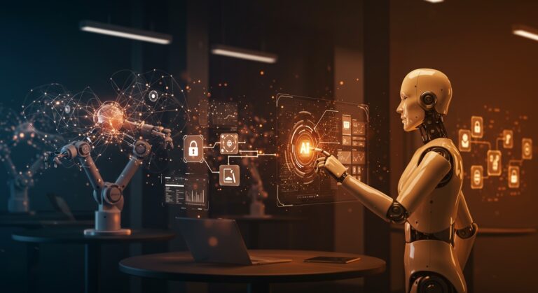 Agente de IA autónomo interactuando con interfaces digitales en un entorno empresarial futurista, destacando automatización y decisiones autónomas en LATAM.