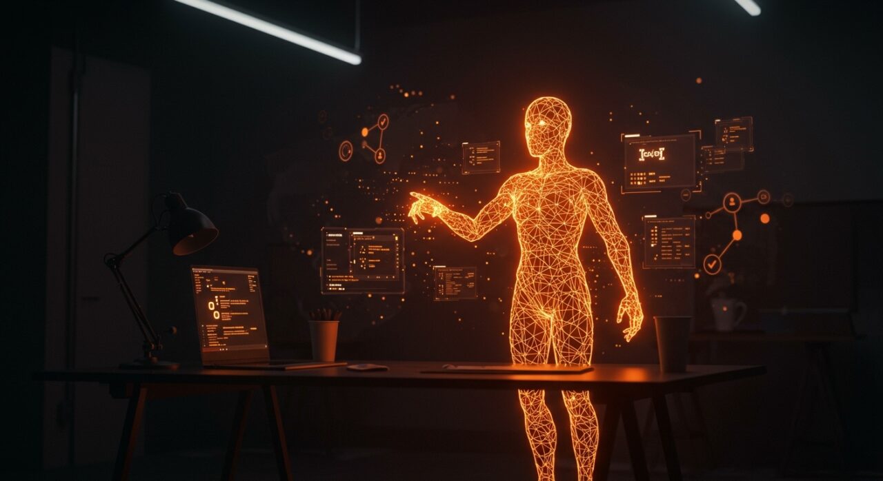 Agente IA autónomo codificando y realizando pruebas automatizadas con Claude y Playwright en un entorno editorial tecnológico.