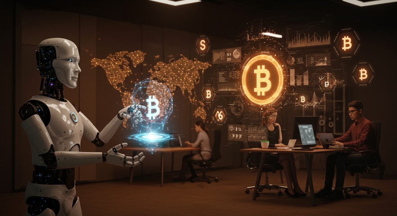 Agente de inteligencia artificial interactuando con plataforma de criptomonedas, simbolizando automatización y transformación laboral en fintech y startups.