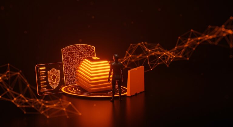 Agente de IA de OpenAI protegido contra ataques de prompt injection con barreras digitales en colores naranja y negro para seguridad en workflows de automatización.