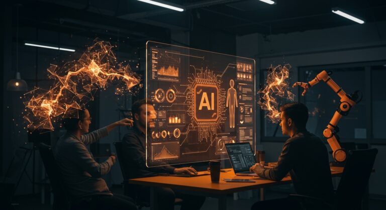 Startup tecnológica colaborando en implementación de agentes de IA con enfoque en riesgos y gobernanza para el mercado AI 2026.